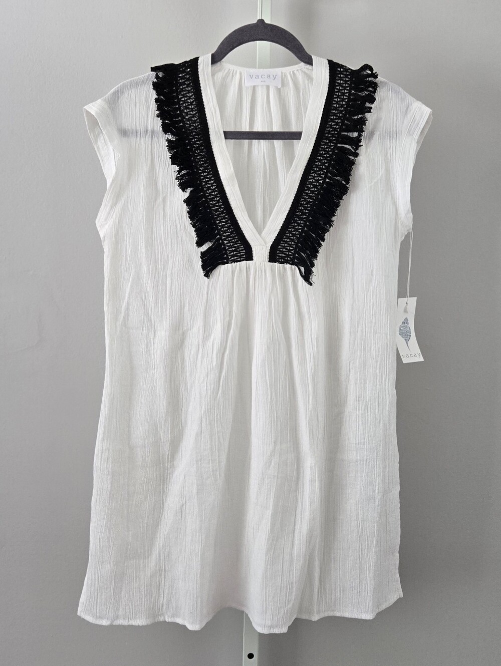 VACAY White V-Neck Tunic Top with Black Fringe Trim